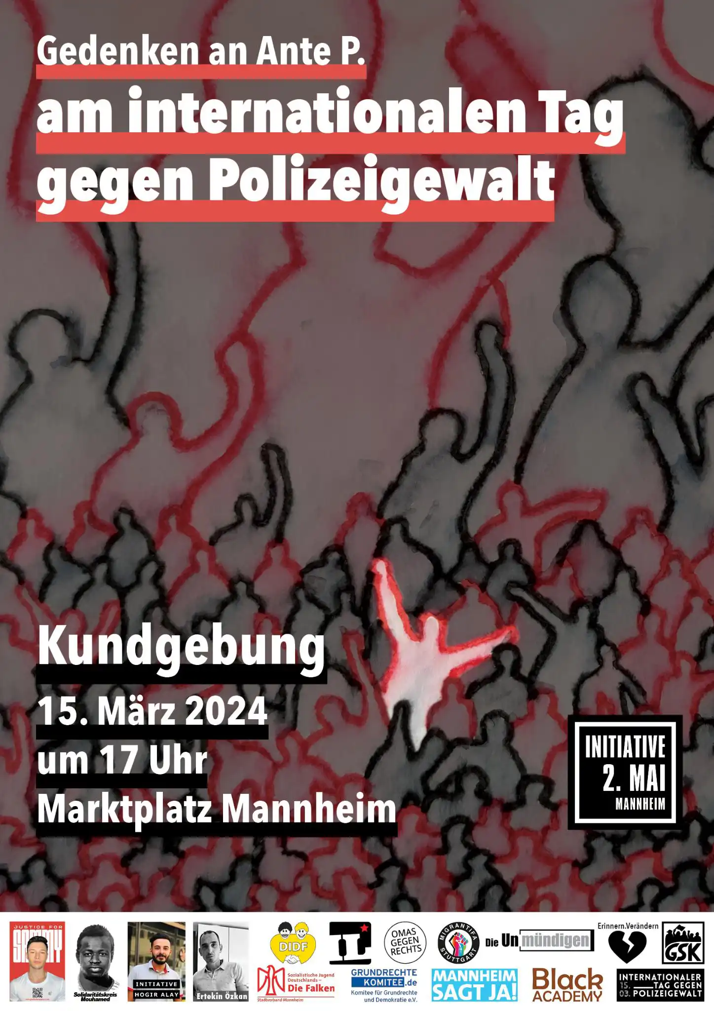 alt="Plakat der Veranstaltung. Im Hintergrund zeigt ein Bild in Bleistift und Aquarellfarben gezeichnet viele sich
									meldende Menschen in roter und schwarzer Farbe."